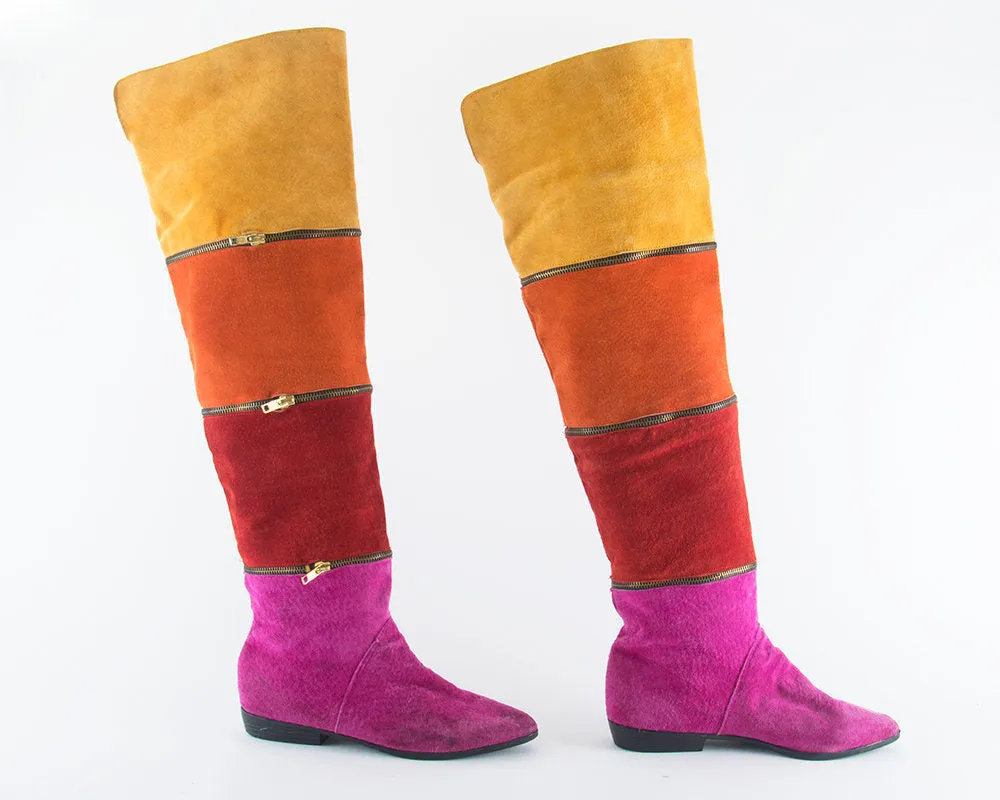 1980s Suede Rainbow Striped Over the Knee Boots | size US 7/7.5