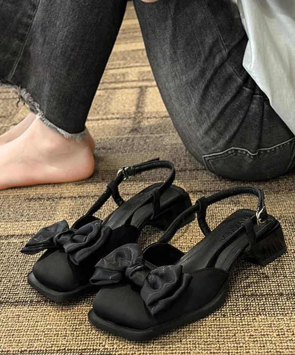French Black Bow Splicing Cotton Baotou Chunky Heel Sandals RT1034