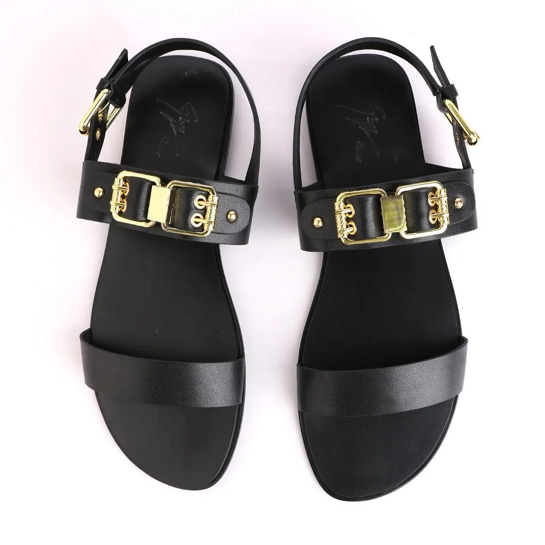 Giuseppe Zanotti Black Gold Chain Double Buckle Leather Sandal