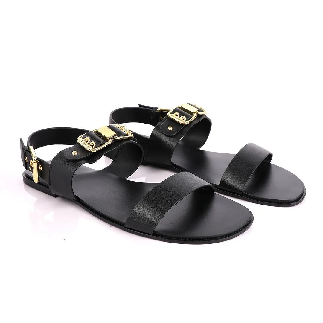 Giuseppe Zanotti Black Gold Chain Double Buckle Leather Sandal