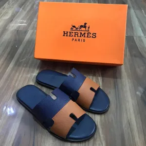 Hermes Paris Men Sandals Izmir Veau Leather Blue and Brown