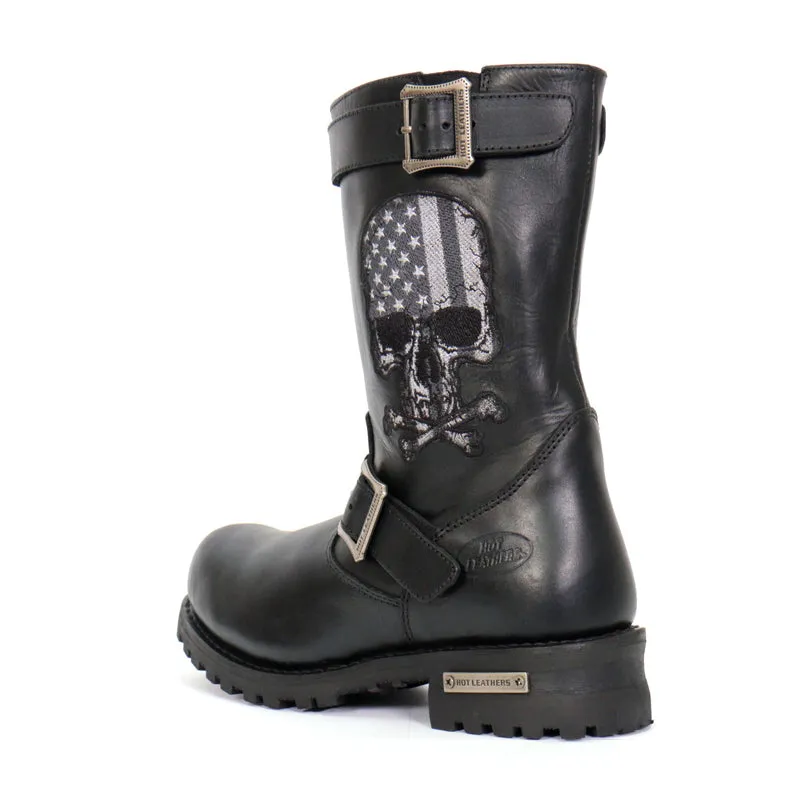 Hot Leathers BTM1018 Mens Black Tall Harness Flag Skull Boot with Round Toe