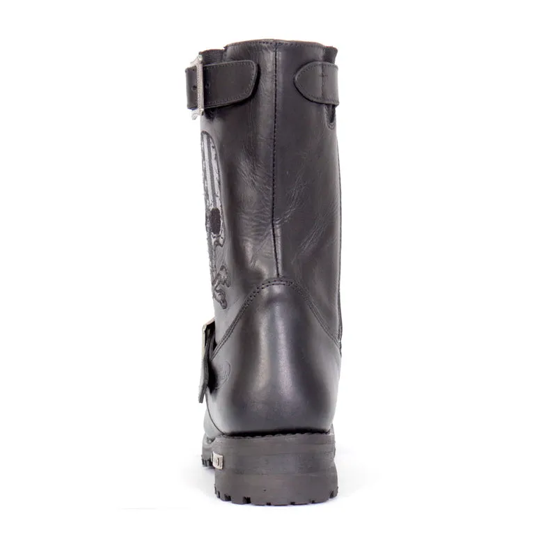 Hot Leathers BTM1018 Mens Black Tall Harness Flag Skull Boot with Round Toe
