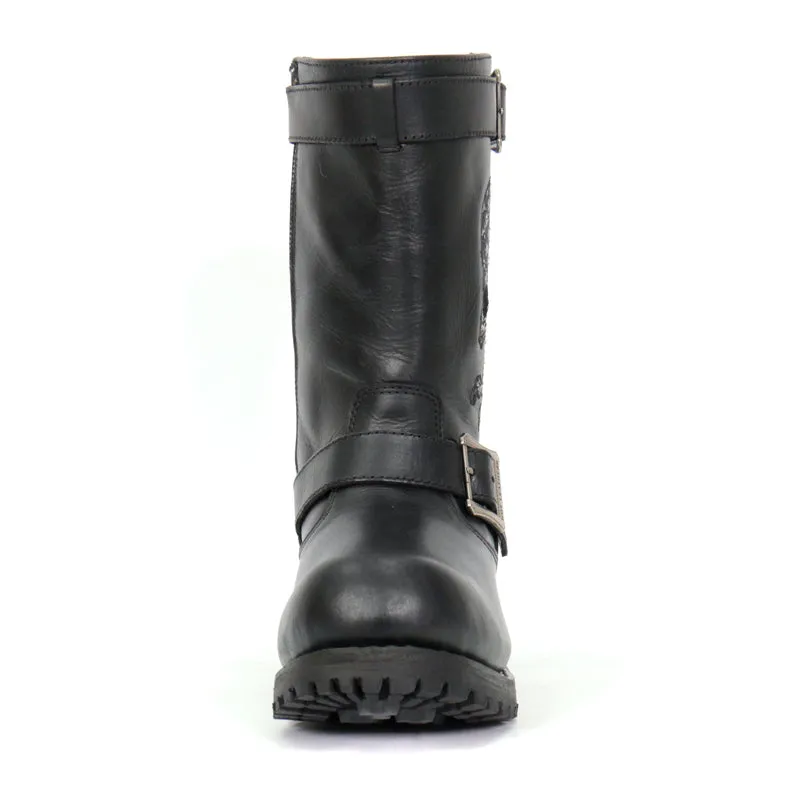 Hot Leathers BTM1018 Mens Black Tall Harness Flag Skull Boot with Round Toe