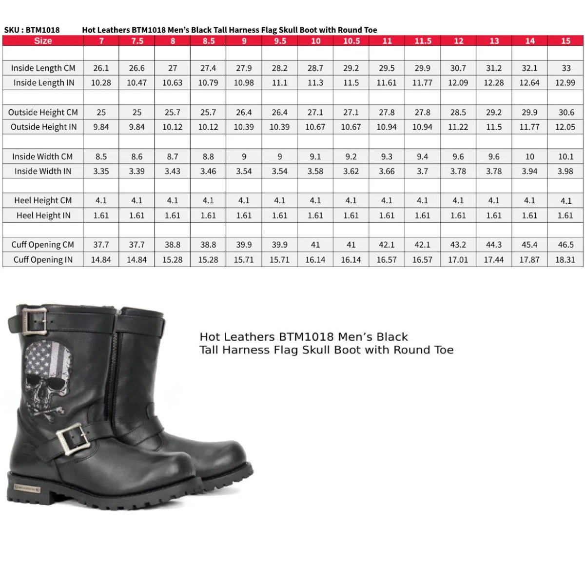 Hot Leathers BTM1018 Mens Black Tall Harness Flag Skull Boot with Round Toe