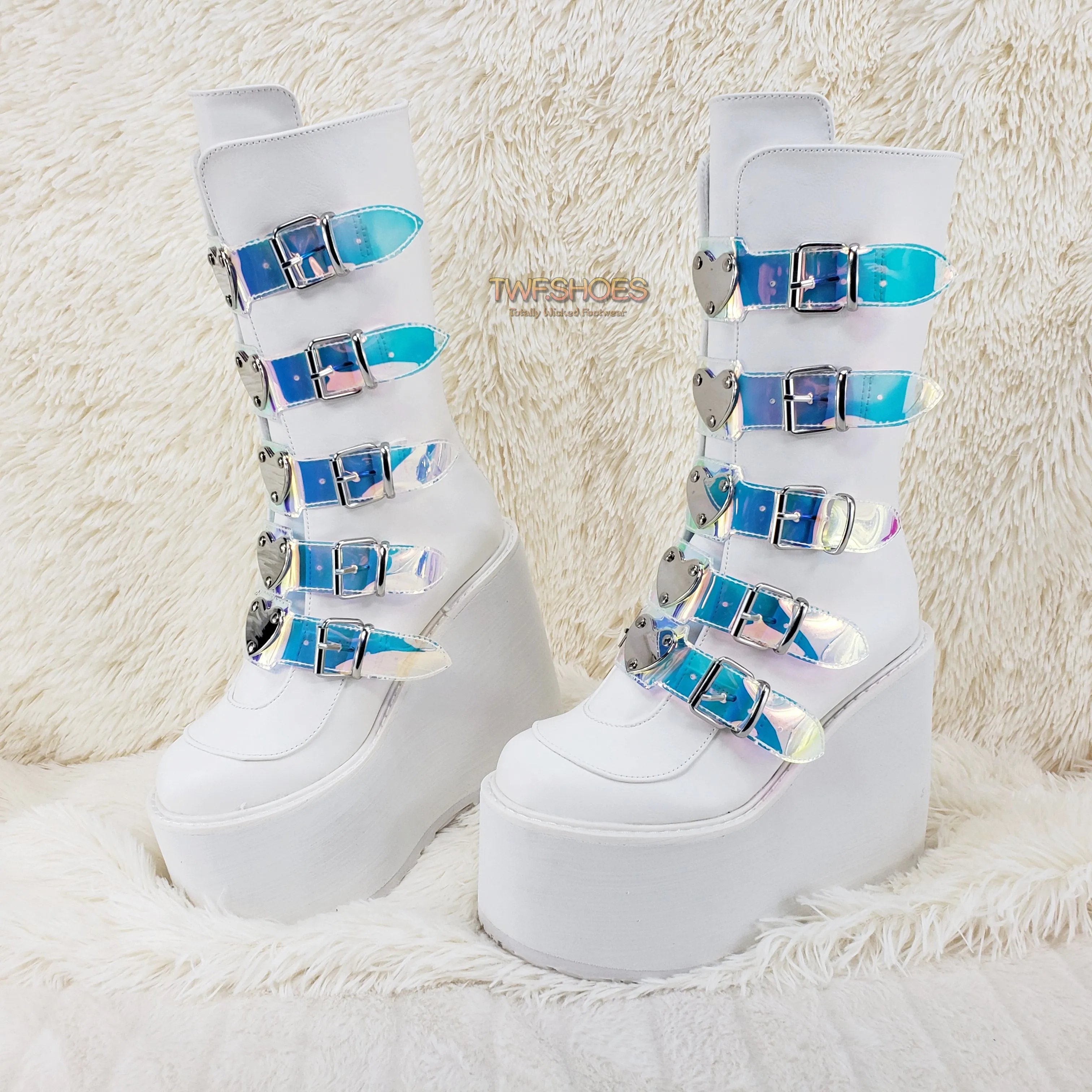 Swing 230 White Mid Calf Boot 5.5" Platform Heart Hologram Strap Design Cyber Goth  - Demonia Direct