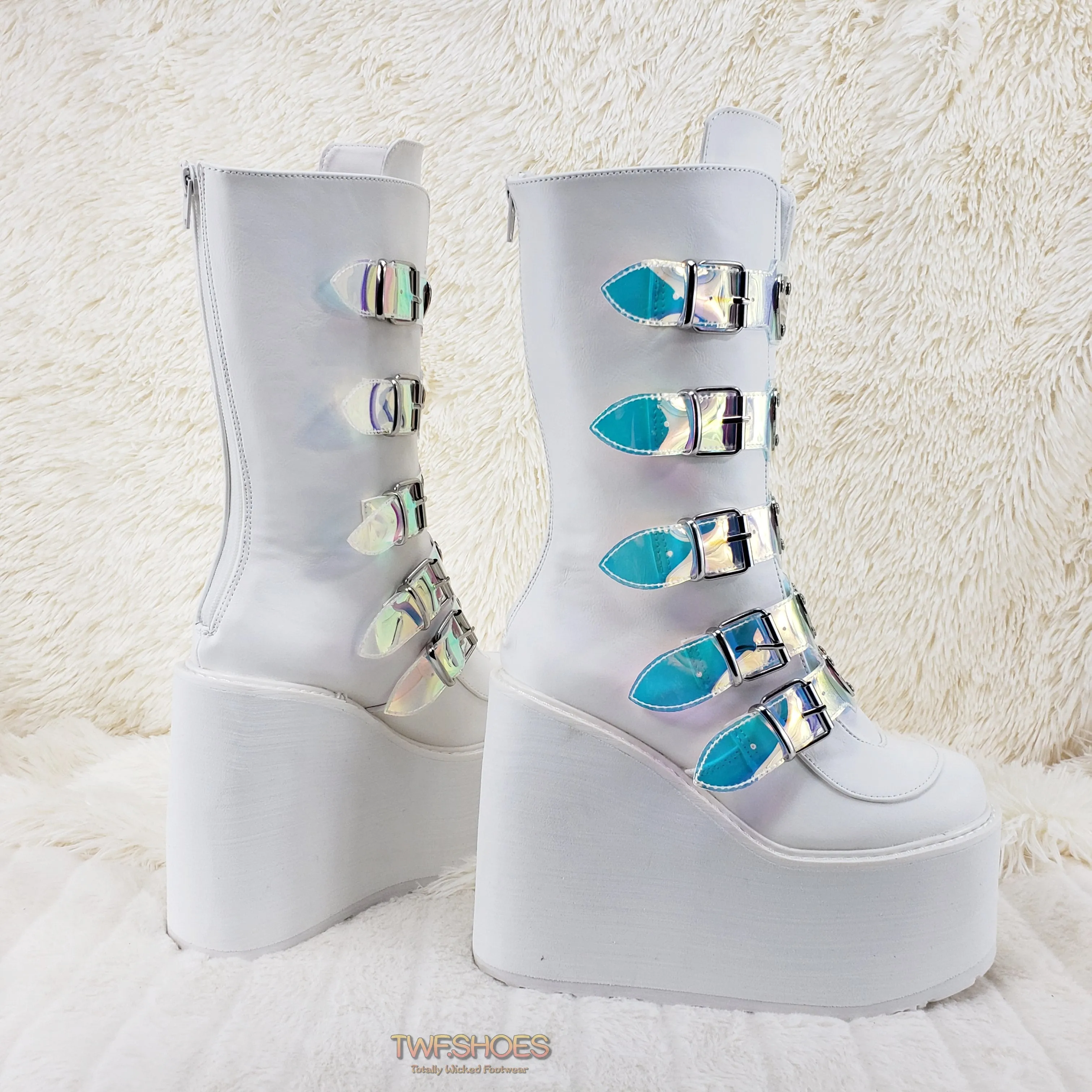 Swing 230 White Mid Calf Boot 5.5" Platform Heart Hologram Strap Design Cyber Goth  - Demonia Direct