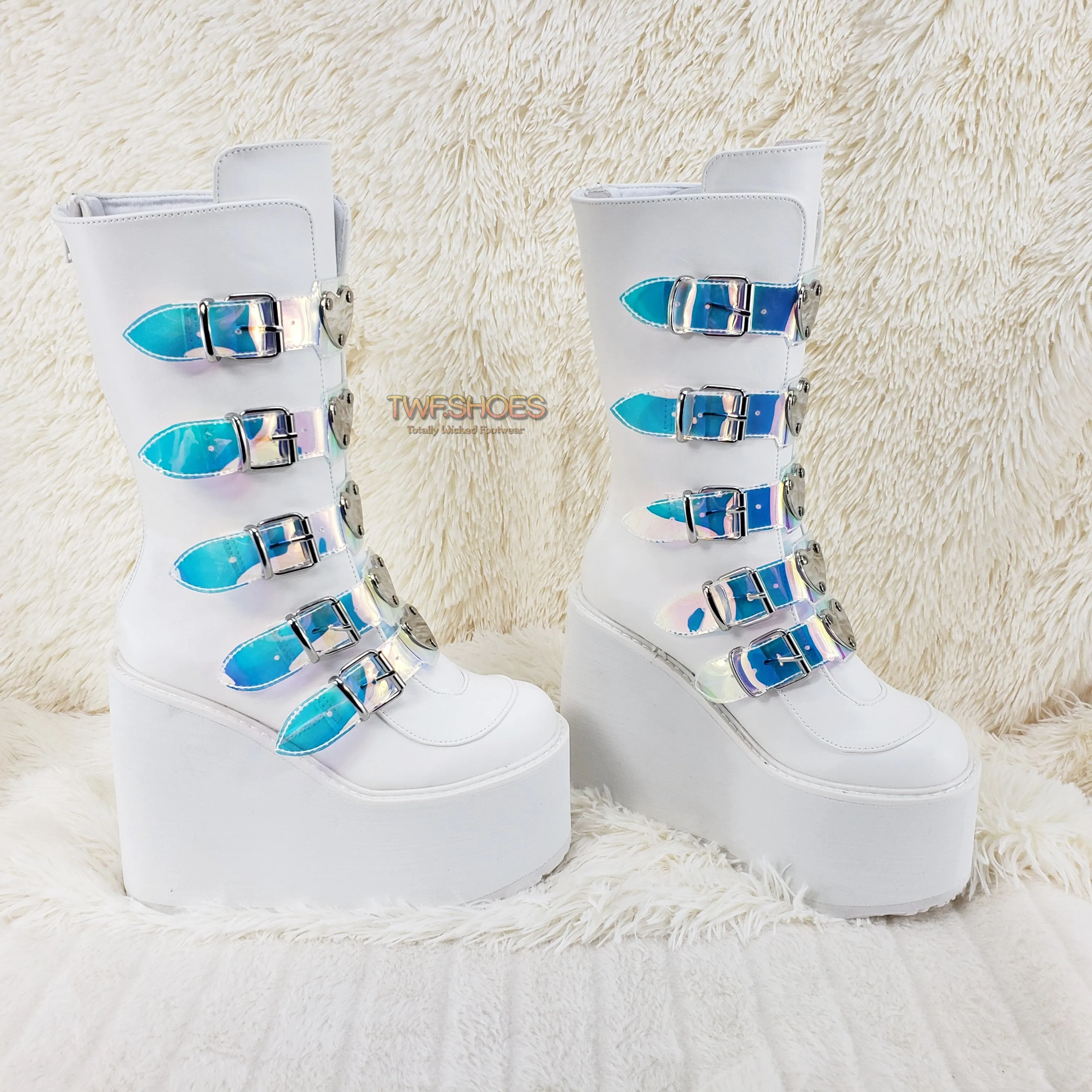Swing 230 White Mid Calf Boot 5.5" Platform Heart Hologram Strap Design Cyber Goth  - Demonia Direct