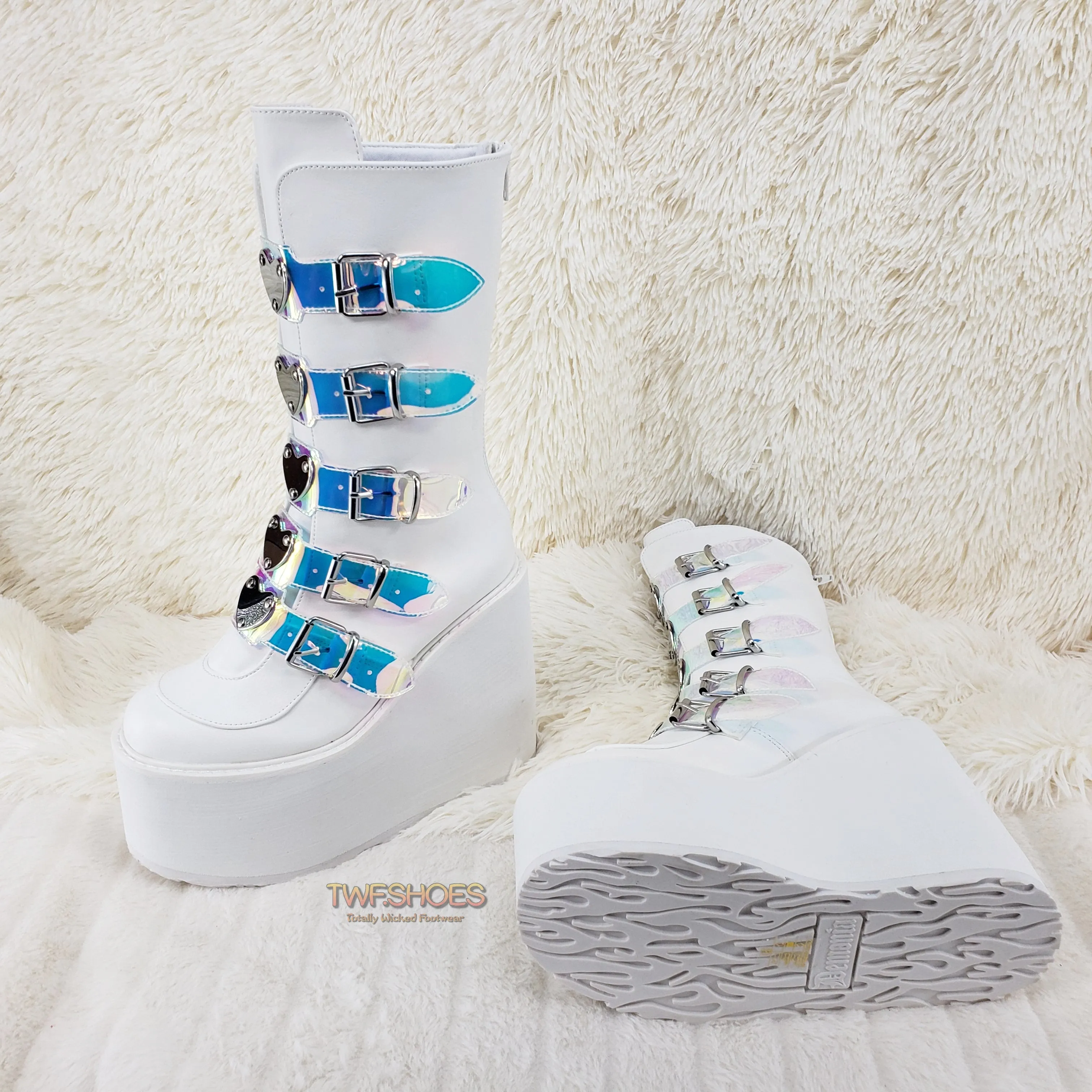 Swing 230 White Mid Calf Boot 5.5" Platform Heart Hologram Strap Design Cyber Goth  - Demonia Direct