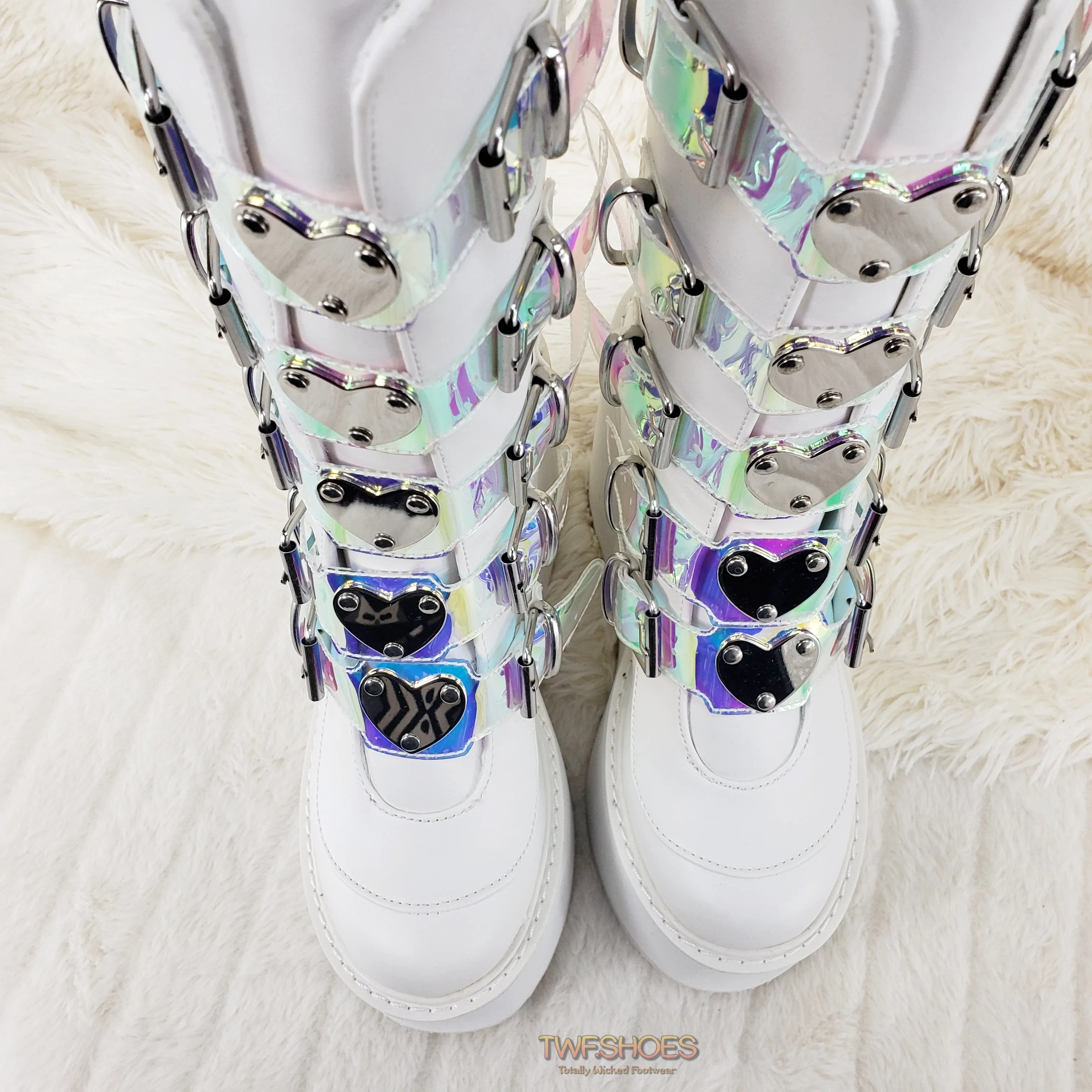 Swing 230 White Mid Calf Boot 5.5" Platform Heart Hologram Strap Design Cyber Goth  - Demonia Direct