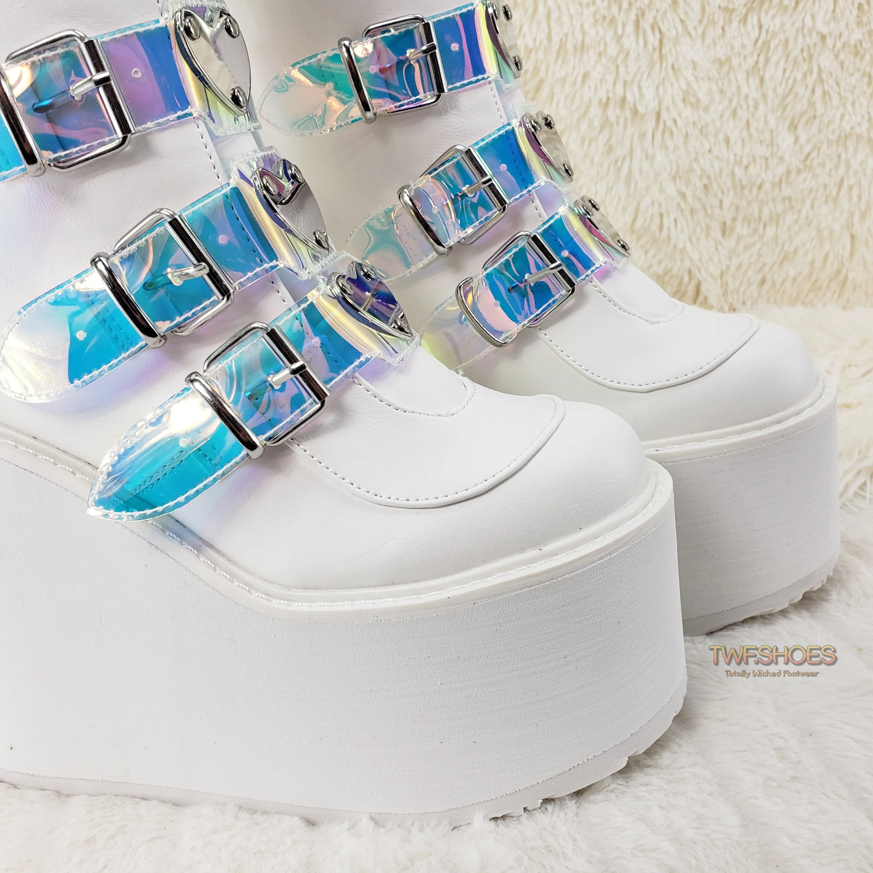 Swing 230 White Mid Calf Boot 5.5" Platform Heart Hologram Strap Design Cyber Goth  - Demonia Direct