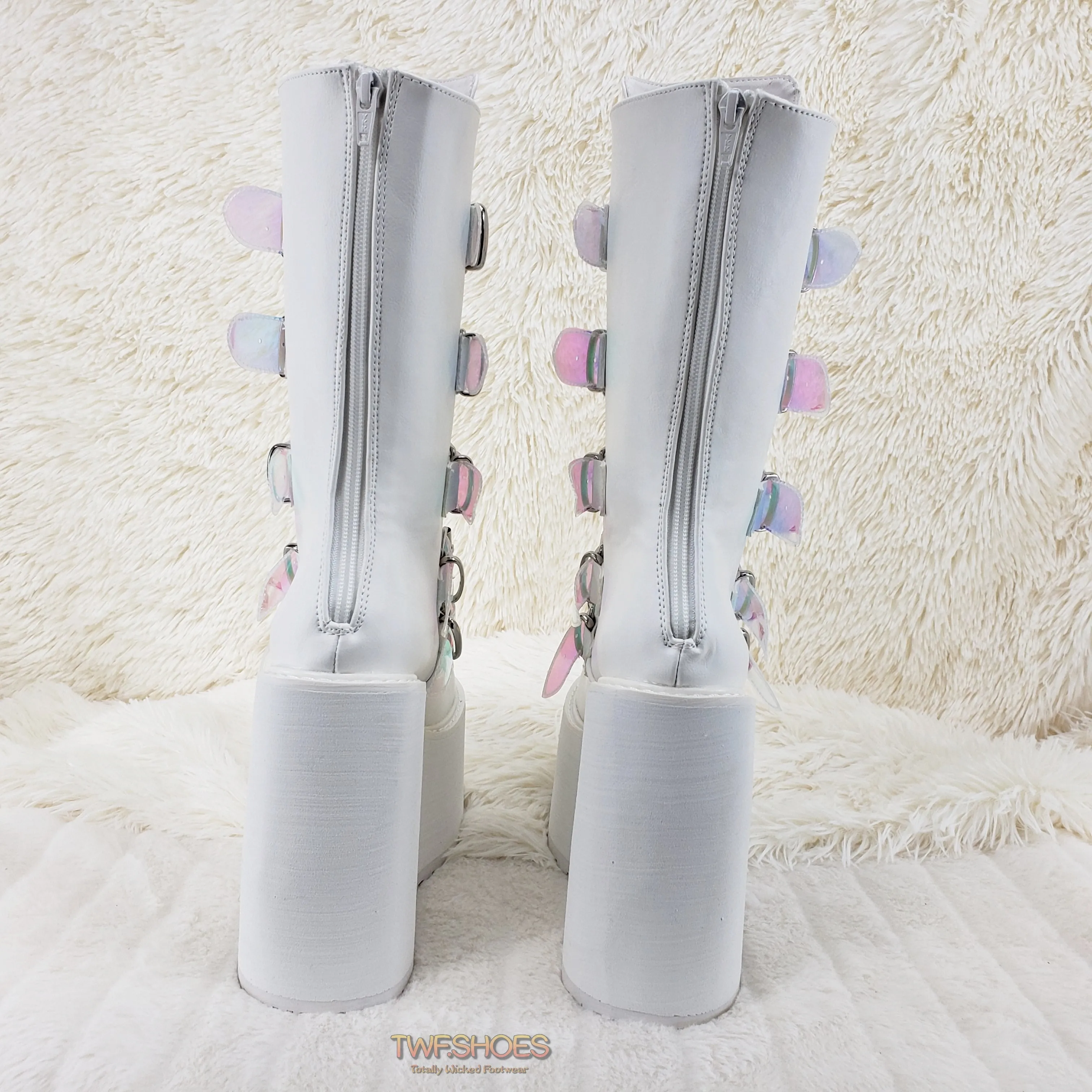 Swing 230 White Mid Calf Boot 5.5" Platform Heart Hologram Strap Design Cyber Goth  - Demonia Direct