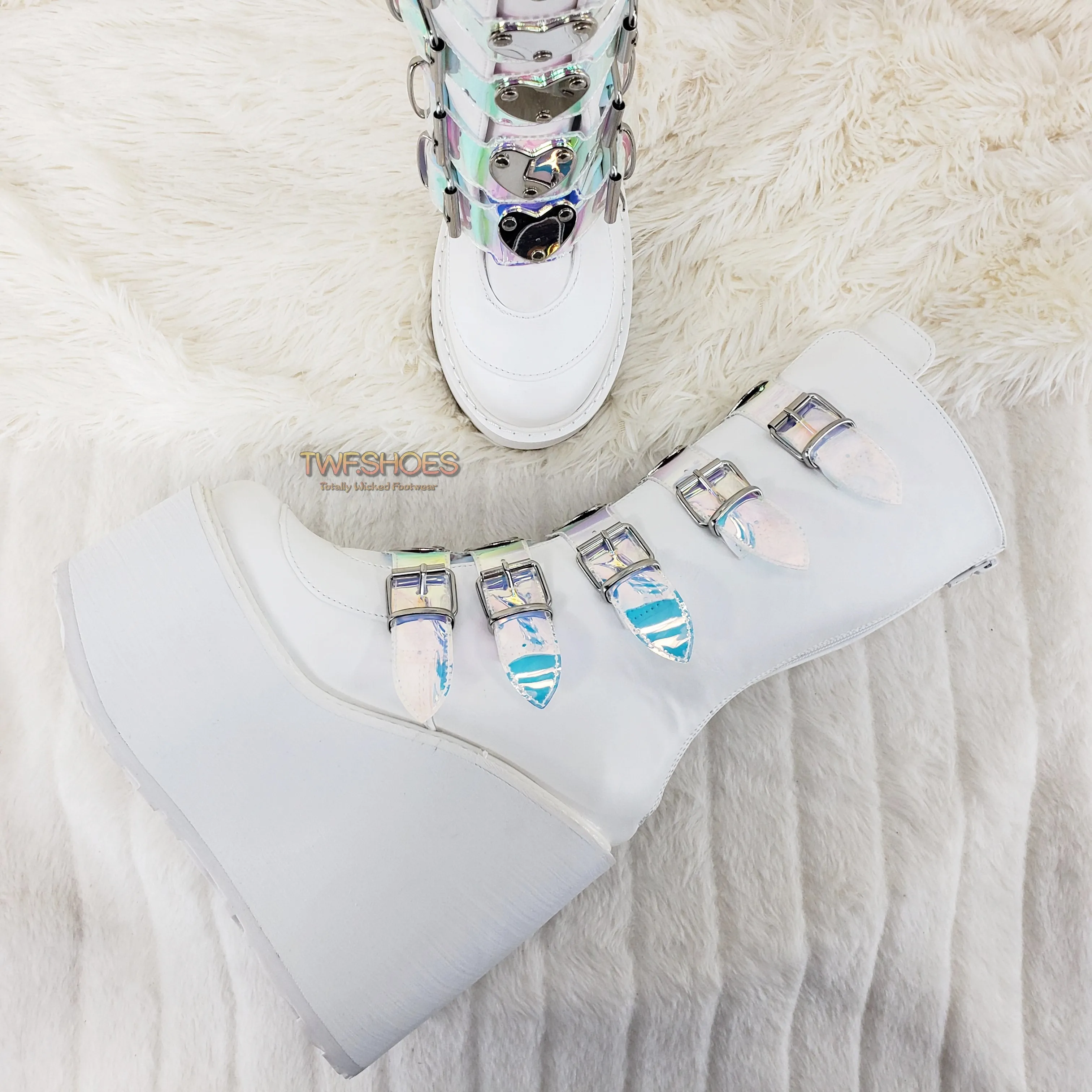 Swing 230 White Mid Calf Boot 5.5" Platform Heart Hologram Strap Design Cyber Goth  - Demonia Direct