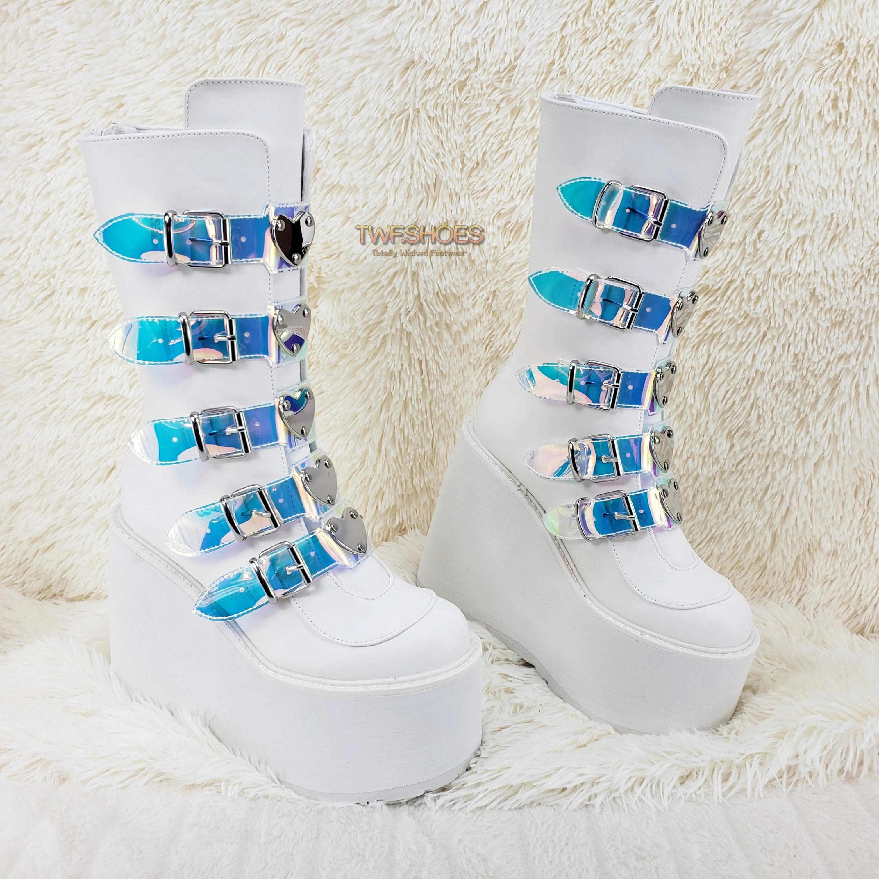 Swing 230 White Mid Calf Boot 5.5" Platform Heart Hologram Strap Design Cyber Goth  - Demonia Direct