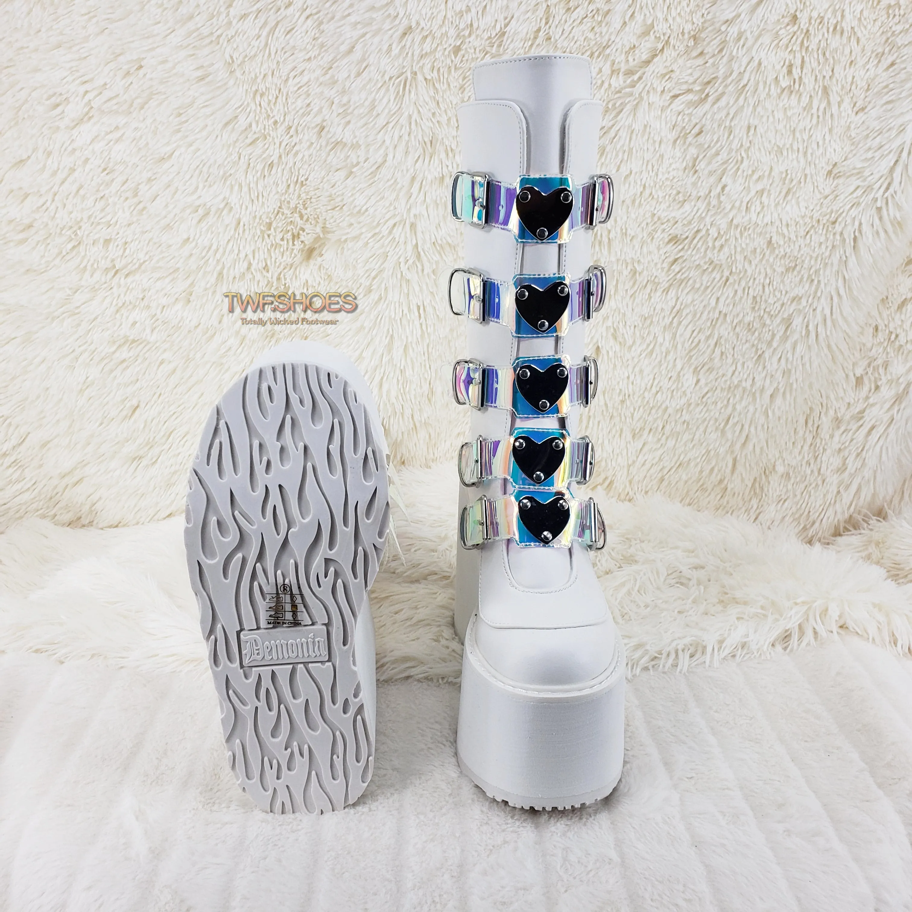 Swing 230 White Mid Calf Boot 5.5" Platform Heart Hologram Strap Design Cyber Goth  - Demonia Direct