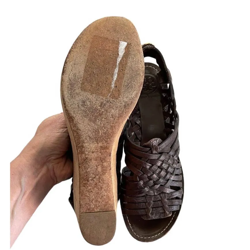 Tory Burch Kiliam Leather Woven Sandals Size 7.5 Brown