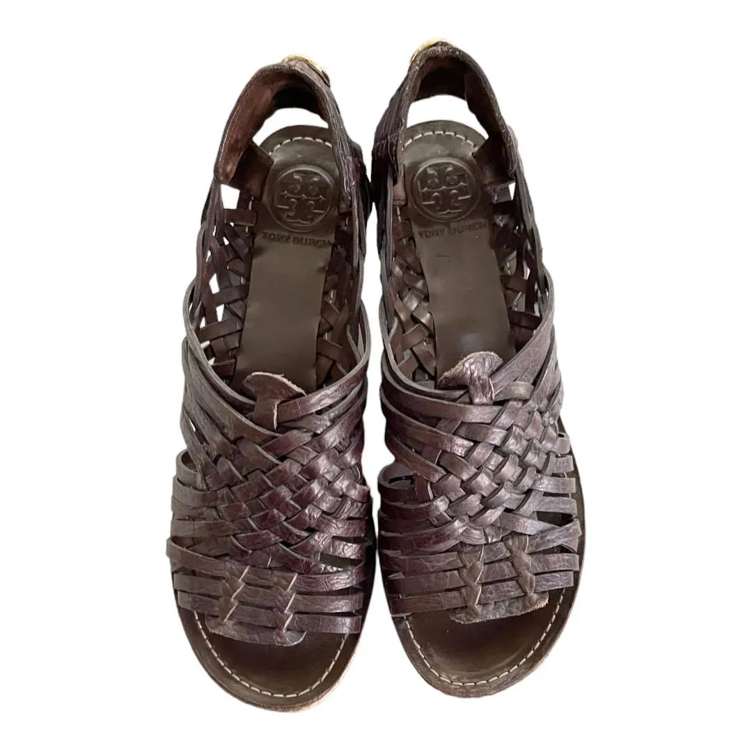 Tory Burch Kiliam Leather Woven Sandals Size 7.5 Brown